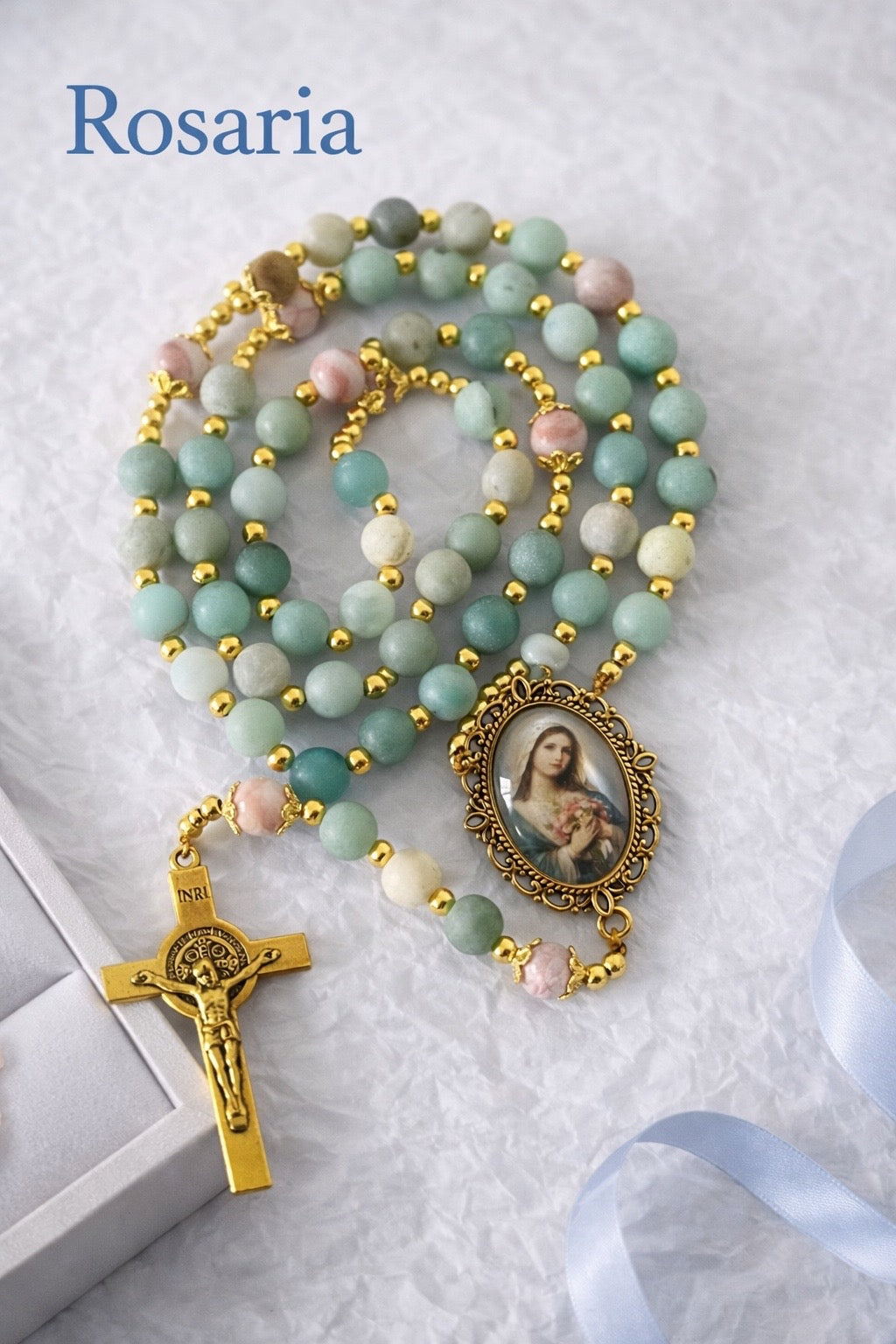 Our Lady of Grace Rosary | Matte Amazonite | Gold-Tone | Handmade by Rosaria