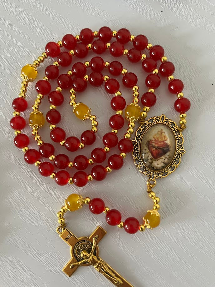Sacred Heart Rosary | Red Glass Beads | Gold-Tone Hardware | Handmade by Rosaria
