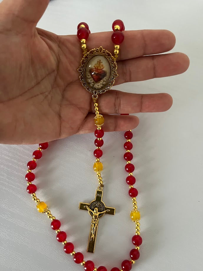 Sacred Heart Rosary | Red Glass Beads | Gold-Tone Hardware | Handmade by Rosaria