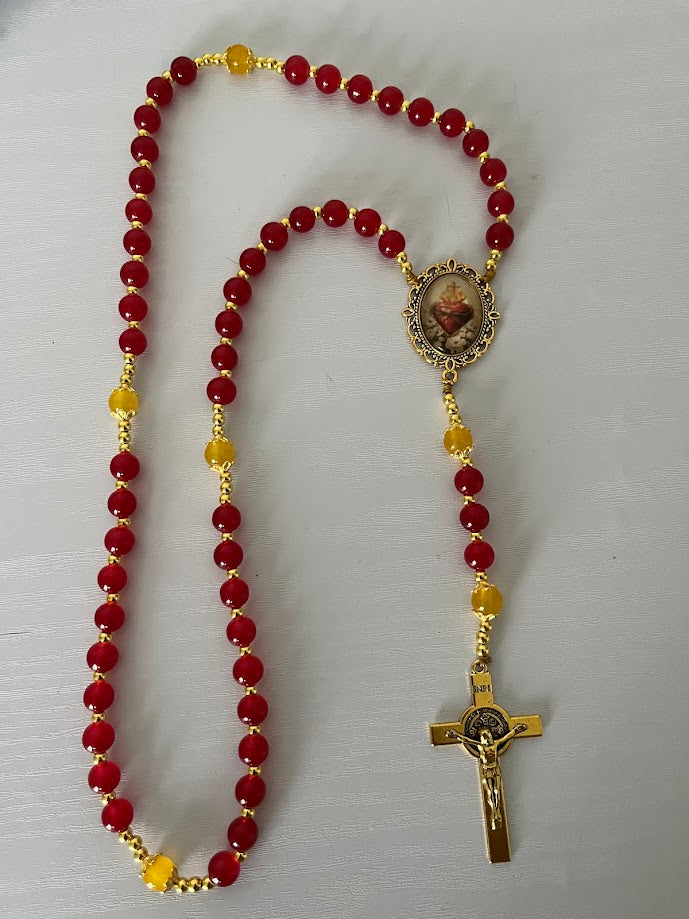 Sacred Heart Rosary | Red Glass Beads | Gold-Tone Hardware | Handmade by Rosaria