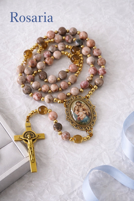Holy Family Rosary | Pink Zebra Jasper Stone | Gold-Tone | Handmade by Rosaria