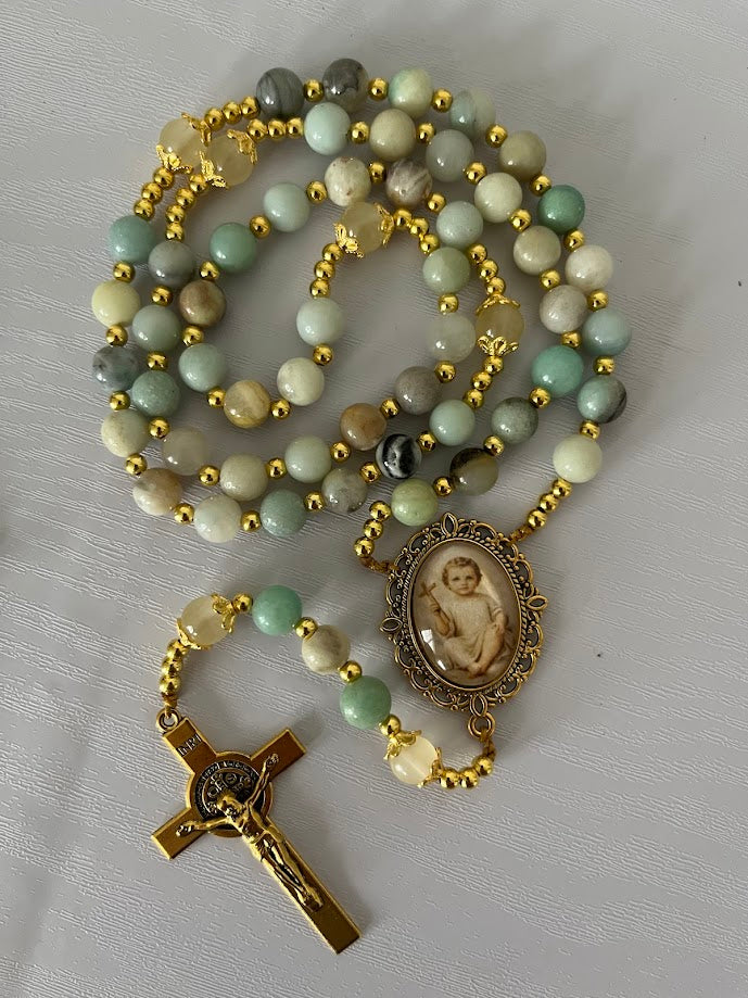 Infant Jesus Rosary | Natural Amazonite Gemstone | Gold-Tone | Handmade by Rosaria
