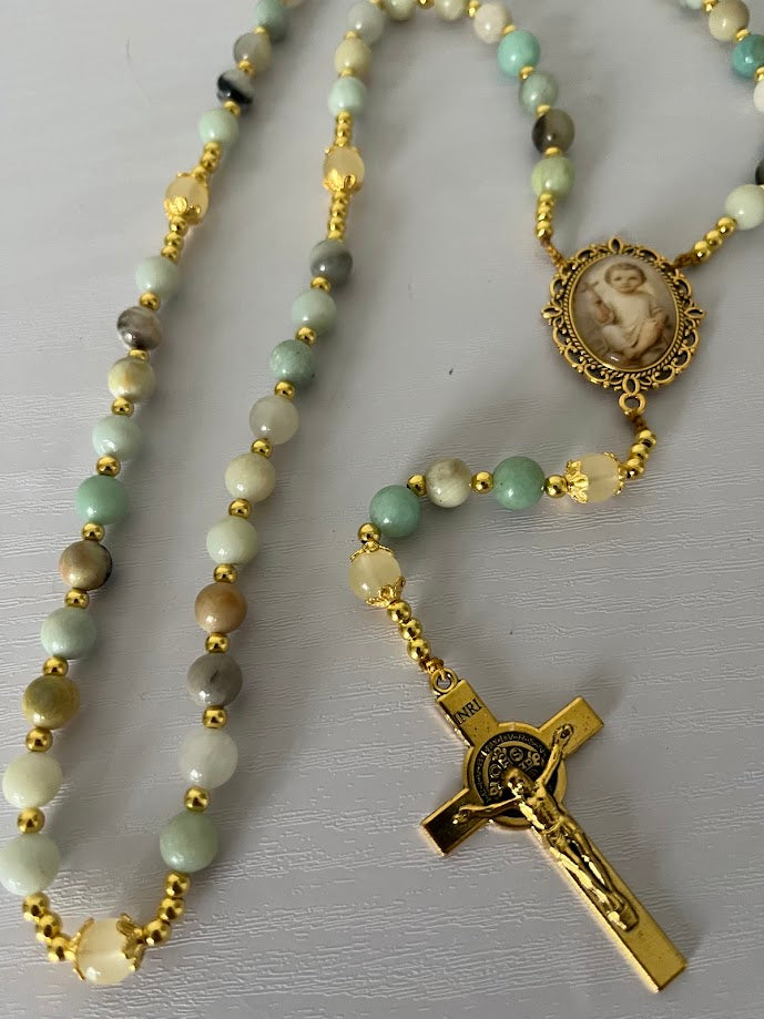 Infant Jesus Rosary | Natural Amazonite Gemstone | Gold-Tone | Handmade by Rosaria