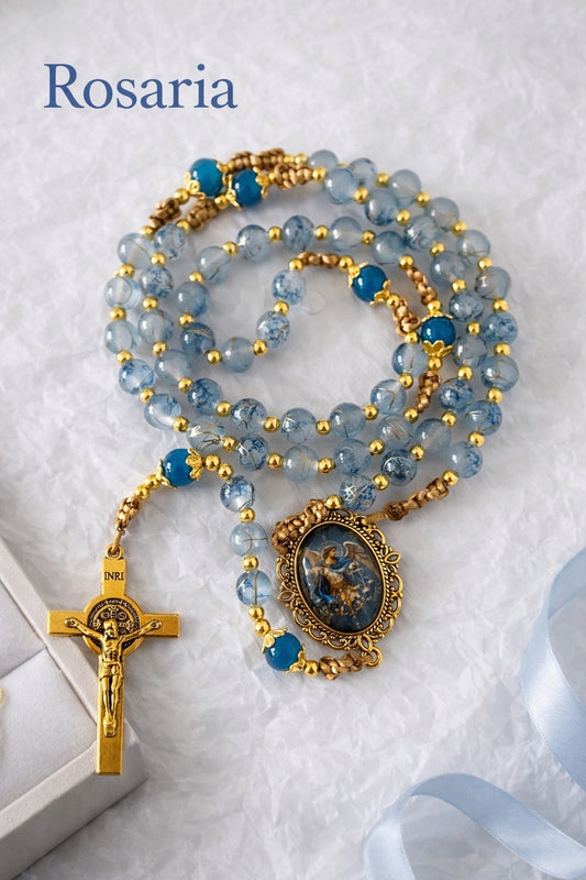 St. Michael Rosary | Blue Gold-Line Glass Beads | Gold-Tone Hardware | Handmade by Rosaria