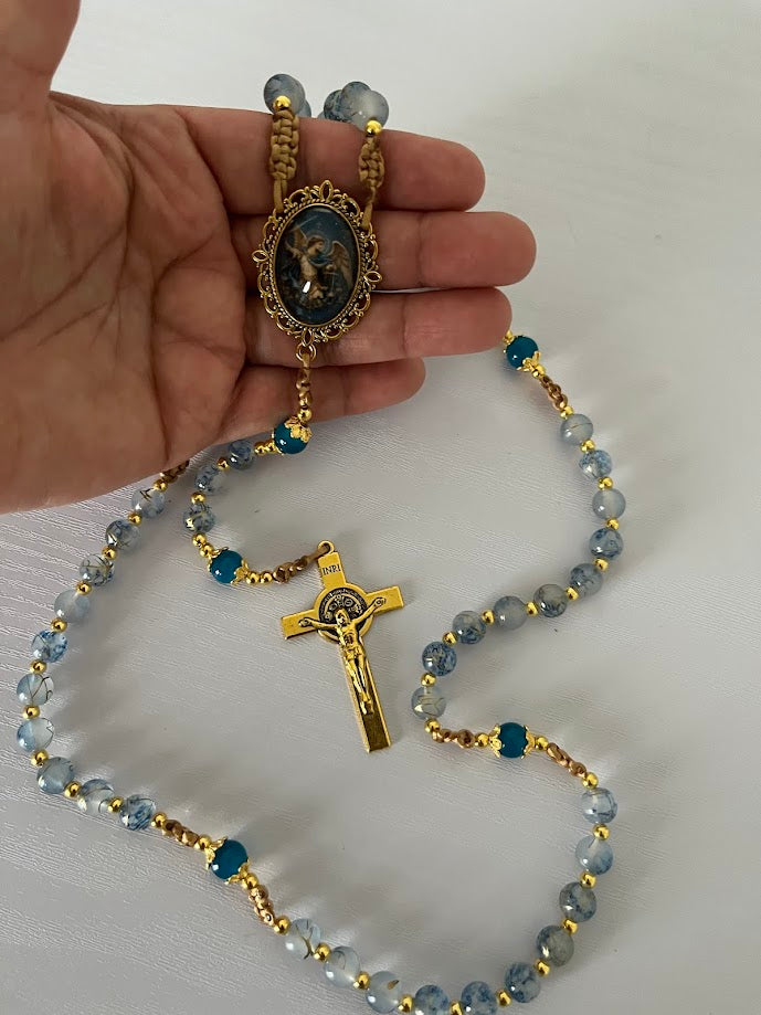 St. Michael Rosary | Blue Gold-Line Glass Beads | Gold-Tone Hardware | Handmade by Rosaria