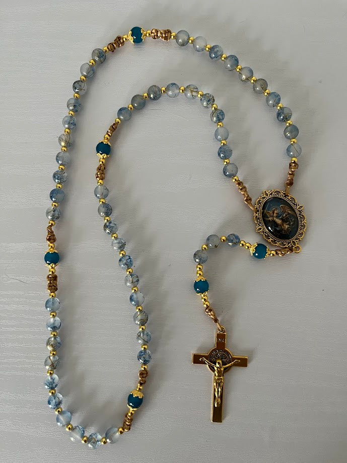 St. Michael Rosary | Blue Gold-Line Glass Beads | Gold-Tone Hardware | Handmade by Rosaria