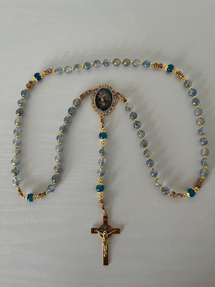 St. Michael Rosary | Blue Gold-Line Glass Beads | Gold-Tone Hardware | Handmade by Rosaria