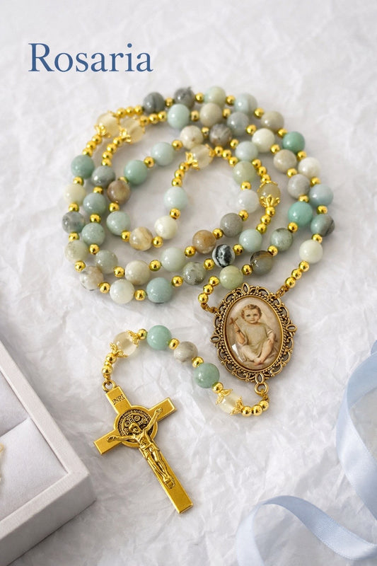 Infant Jesus Rosary | Natural Amazonite Gemstone | Gold-Tone | Handmade by Rosaria