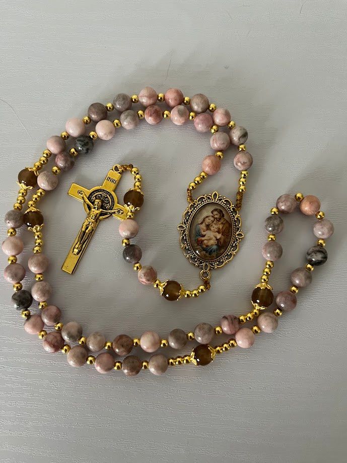 Holy Family Rosary | Pink Zebra Jasper Stone | Gold-Tone | Handmade by Rosaria