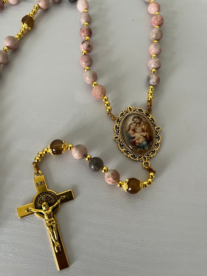 Holy Family Rosary | Pink Zebra Jasper Stone | Gold-Tone | Handmade by Rosaria