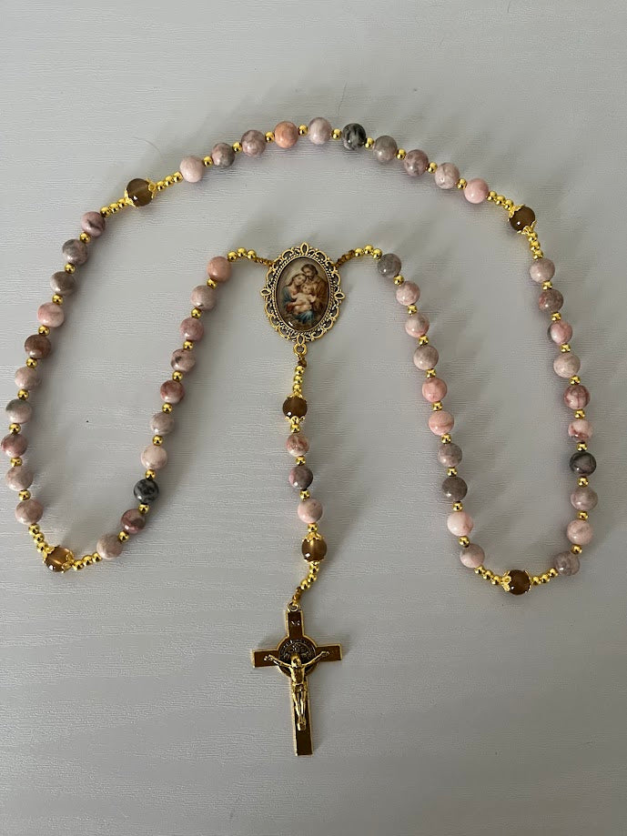 Holy Family Rosary | Pink Zebra Jasper Stone | Gold-Tone | Handmade by Rosaria