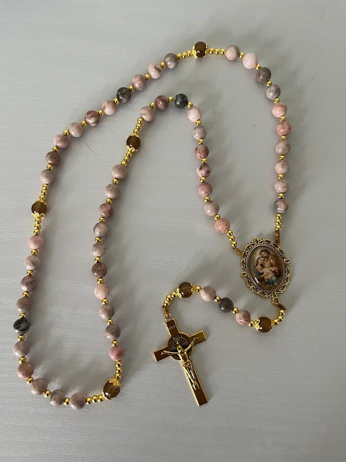 Holy Family Rosary | Pink Zebra Jasper Stone | Gold-Tone | Handmade by Rosaria