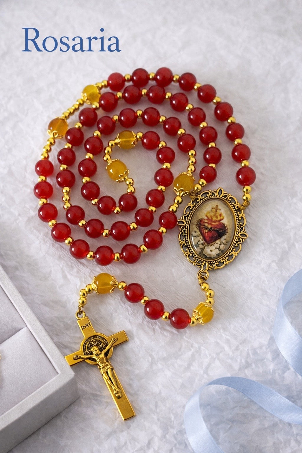 Sacred Heart Rosary | Red Glass Beads | Gold-Tone Hardware | Handmade by Rosaria