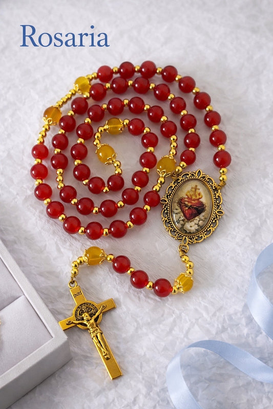 Sacred Heart Rosary | Red Glass Beads | Gold-Tone Hardware | Handmade by Rosaria