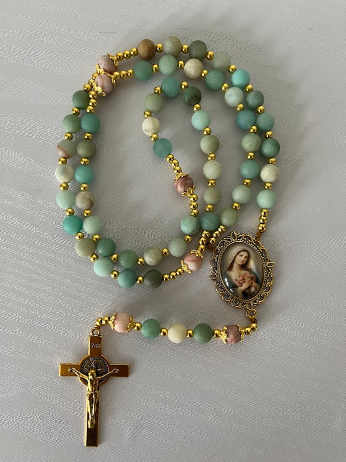 Our Lady of Grace Rosary | Matte Amazonite | Gold-Tone | Handmade by Rosaria