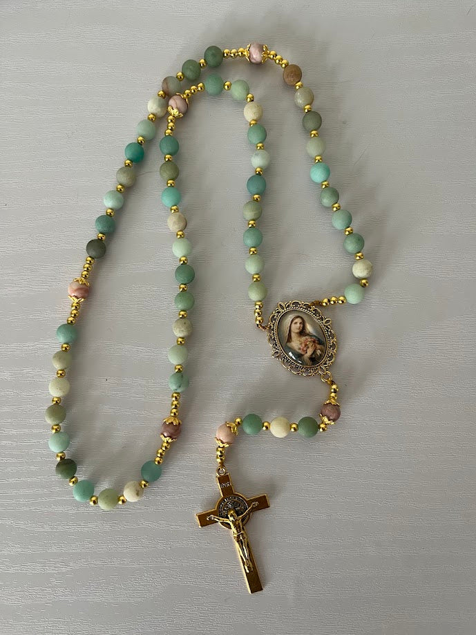 Our Lady of Grace Rosary | Matte Amazonite | Gold-Tone | Handmade by Rosaria