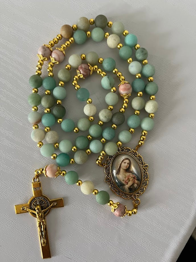 Our Lady of Grace Rosary | Matte Amazonite | Gold-Tone | Handmade by Rosaria