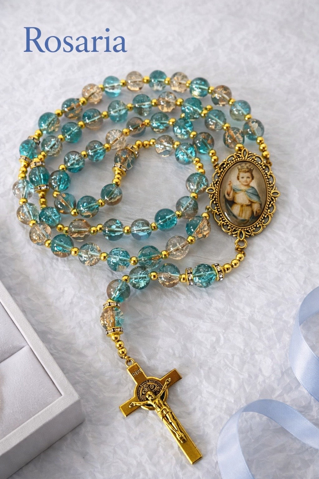 Divine Child Rosary | Teal & Champagne Crystal Glass | Gold-Tone | Handmade by Rosaria