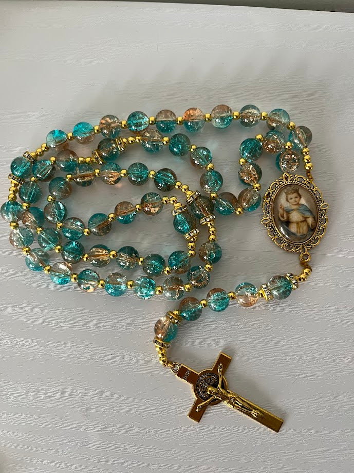 Divine Child Rosary | Teal & Champagne Crystal Glass | Gold-Tone | Handmade by Rosaria