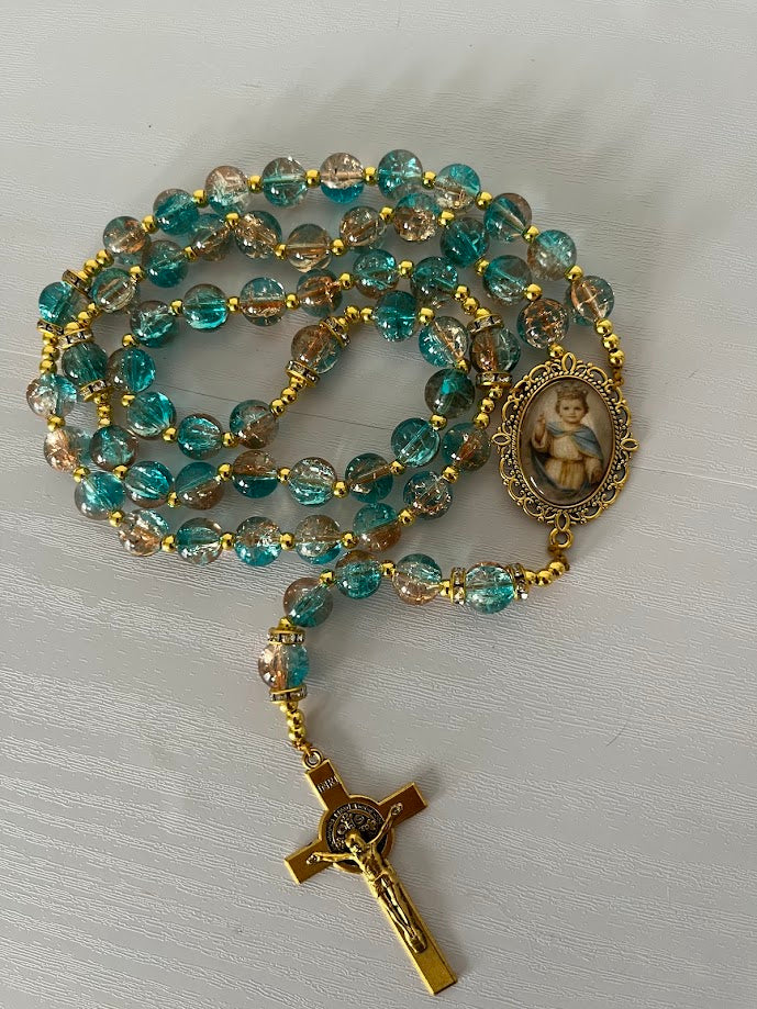 Divine Child Rosary | Teal & Champagne Crystal Glass | Gold-Tone | Handmade by Rosaria