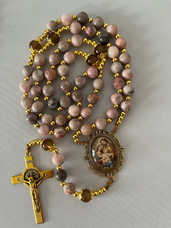 Holy Family Rosary | Pink Zebra Jasper Stone | Gold-Tone | Handmade by Rosaria